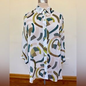 I.C by Connie K Geometric Print Blouse - White, Green, Brown #111